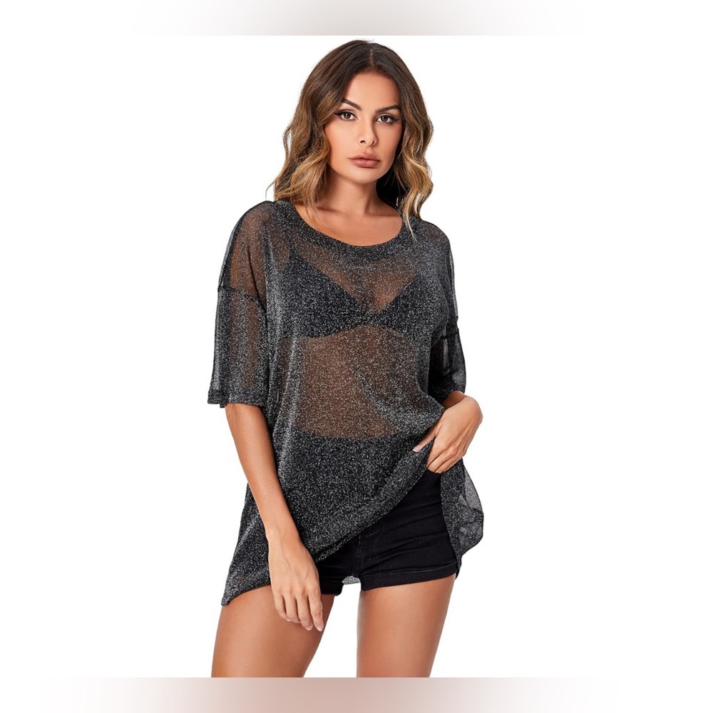 Glitter Sheer Short-Sleeve Mesh Top